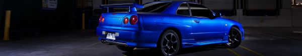 5760x1080 px,รถสีฟ้า,รถ,นิสสันสกายไลน์ GT R,Skyline R34,สามหน้าจอ