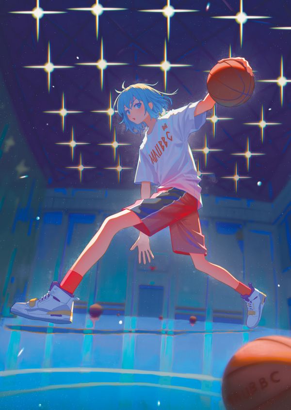 animemeisjes,blauw haar,basketbal,blauwe ogen