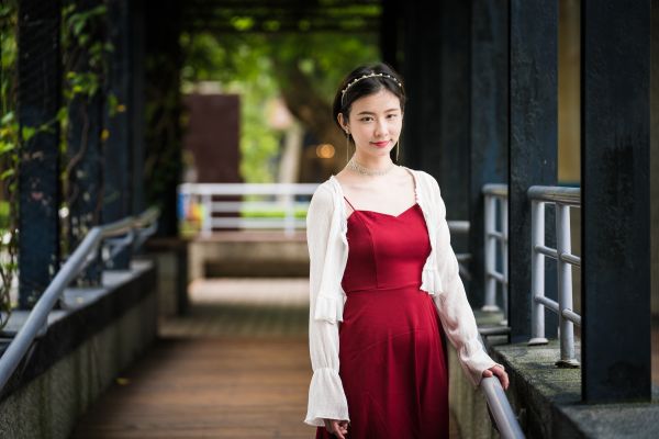 Asian,model,depth of field,brunette,red dress,railings