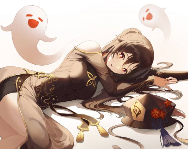 Genshin Impact, Hu Tao Genshin Impact, anime girls, ghost, lying on side, Chinese dress