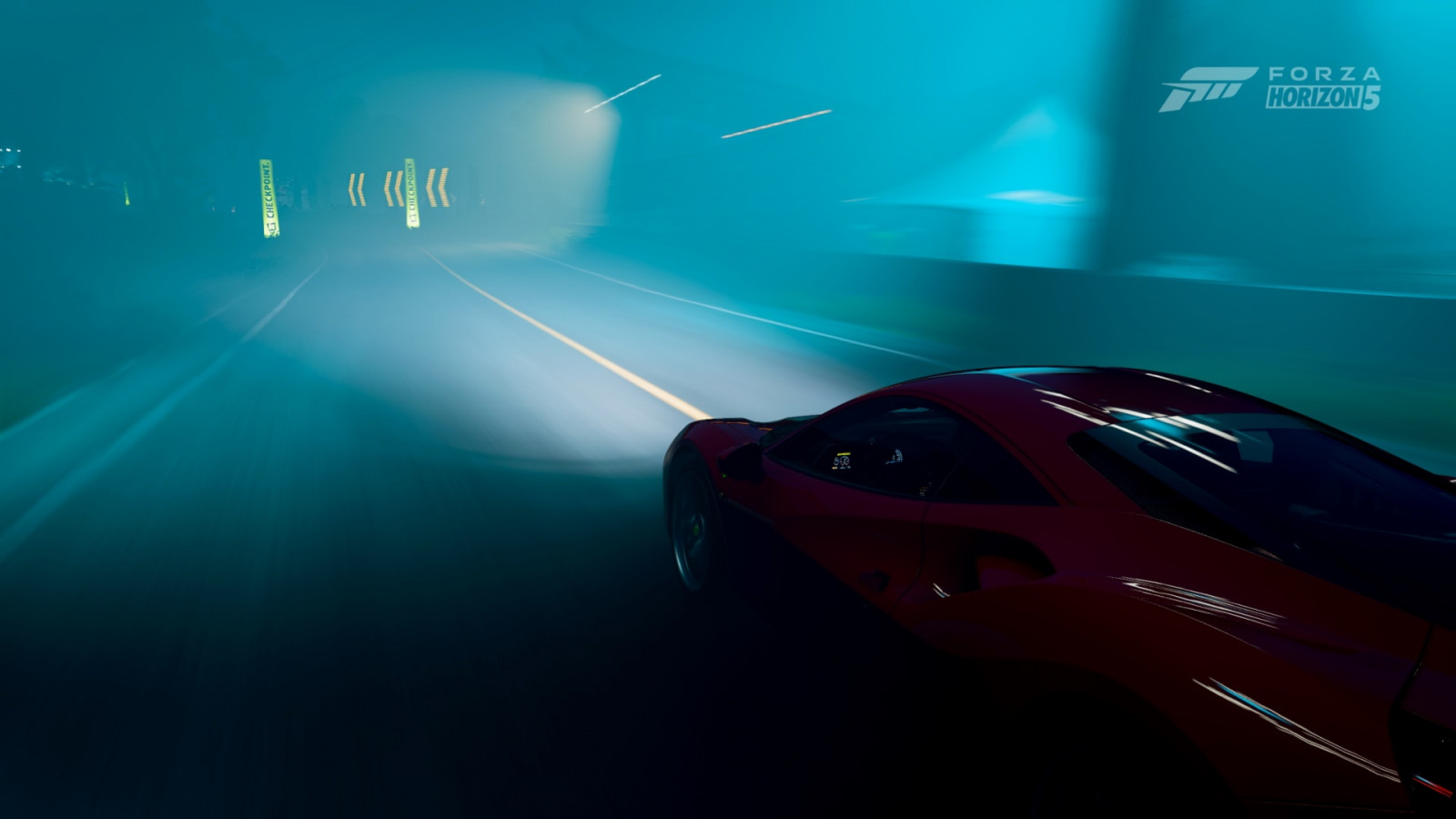 Forza Horizon 5, zrzut ekranu, noc, neon, Ferrari, Droga, samochód, neon blue