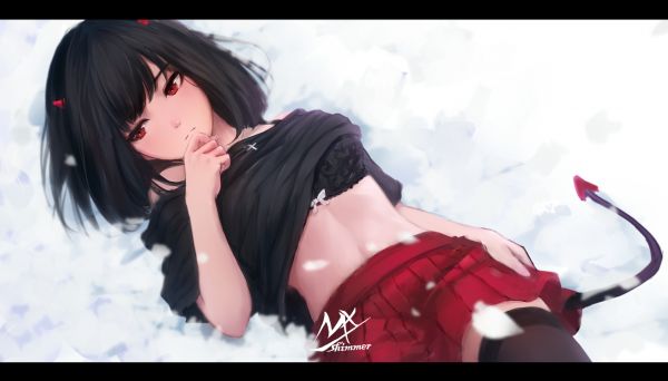 anime girls, original characters, black hair, shoulder length hair, horns, red eyes