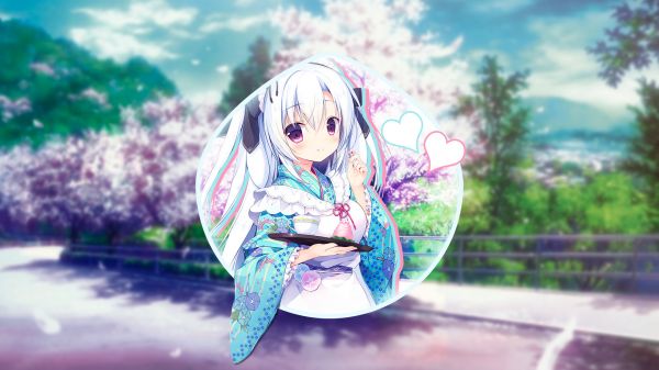 Meninas anime,Novela visual,cabelo branco,Yukata,picture in picture,orelhas de coelho