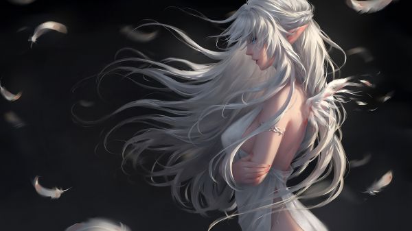 anime beauty,Meninas anime,Anime,cabelo branco,penas