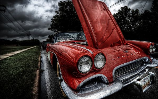 mobil, kendaraan, mobil tua, merah, HDR, mobil merah