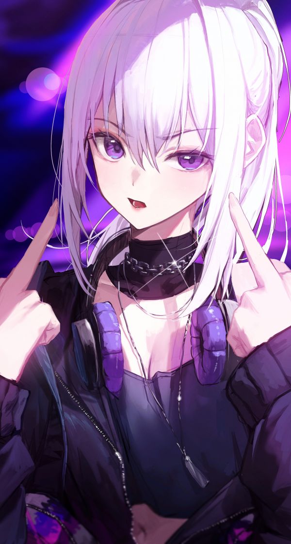 anime girls,anime,headphones,middle finger,white hair,huhi