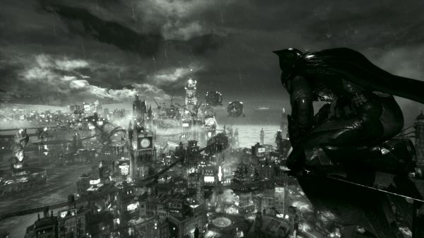 jeux vidéo,Trilogie des Chevaliers noirs,Batman Arkham Knight,Le Chevalier Noir,Monochrome,Paysage urbain