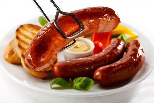 food, white background, meat, Plate, breakfast, sausage