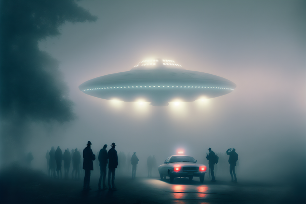 UFO, létající talíře, ai art, mlha, silueta