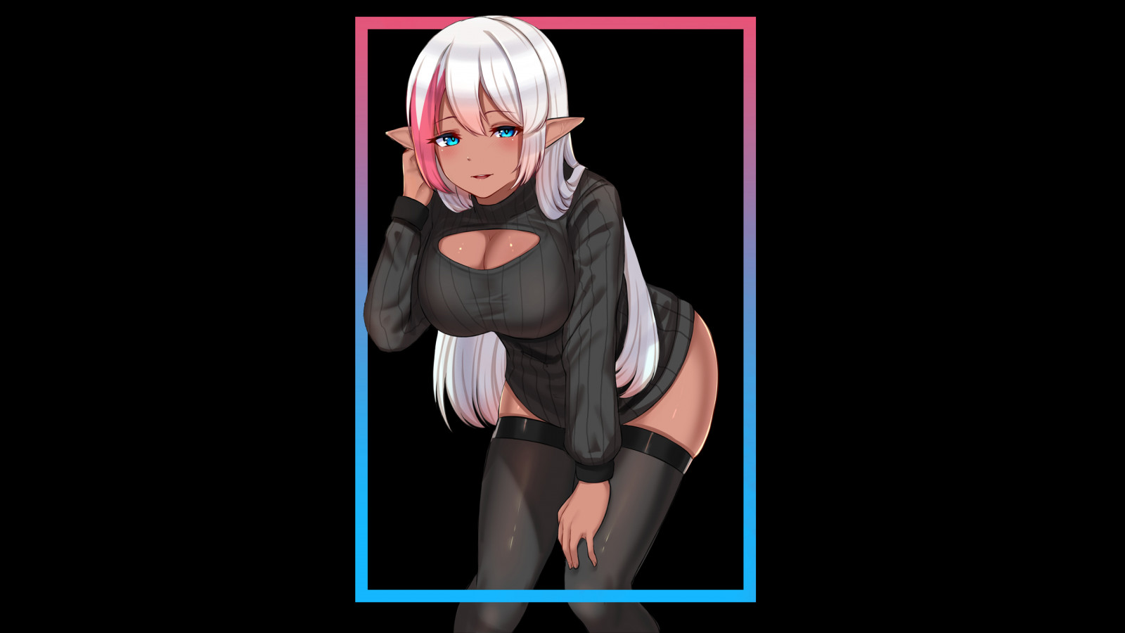 kanta, black legwear, black sweater, olhos azuis, rubor, Peitos, decote, pele escura, elfo negro, pointy ears, Elf ears, Peitos grandes, Cabelo colorido, franja