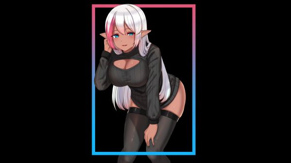 kanta,black legwear,black sweater,blue eyes,blushing,boobs