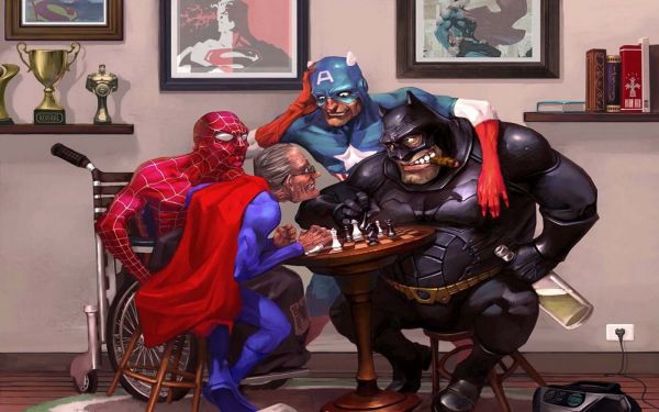 Batman, Captain America, comics, Superman, chess, spider