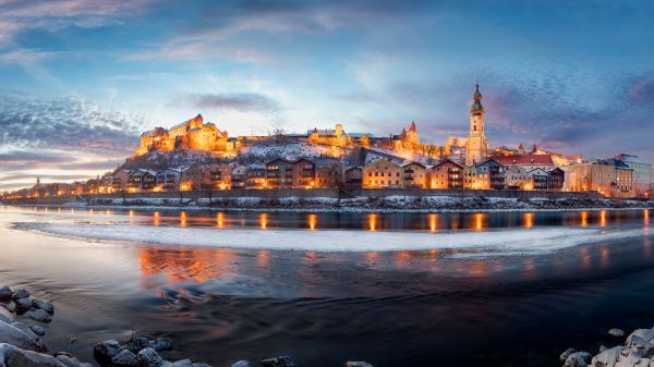 burghausen,เยอรมนี,เมือง,แม่น้ำ,บาวาเรีย,พระอาทิตย์ตก