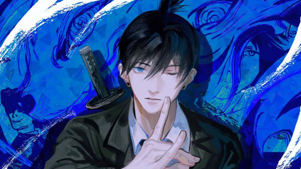 Chainsaw Man,hand gesture,looking at viewer,Aki Chainsaw Man,black hair,blue background