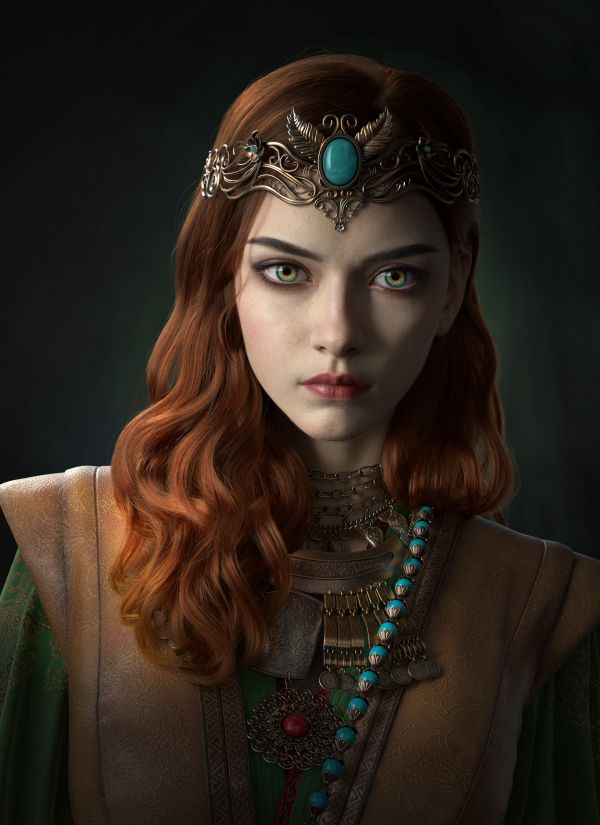 Qi Sheng Luo,CGI,women,redhead,tiaras,fantasy art