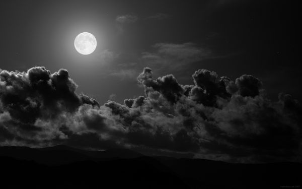 monochrome, dark, night, sky, clouds, Moon