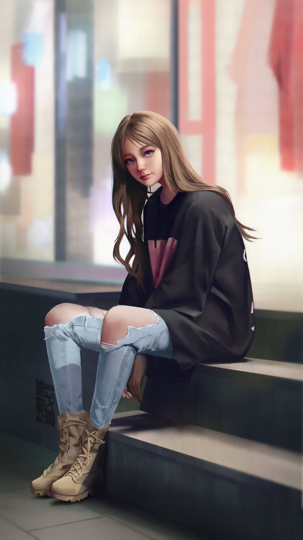 xu weili,ilustrare,femei,pantaloni,arta digitala,scări