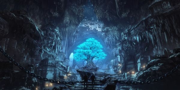 digital art,fantasy art,trees,cave,night