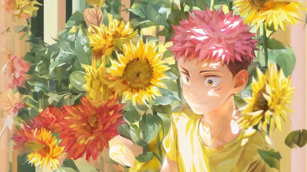 Yuji Itadori,Jujutsu Kaisen,solsikker,yellow shirt,Beitemian,blomster