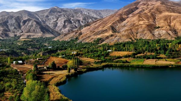 panorama, montanhas, aldeia, Colina, lago, natureza