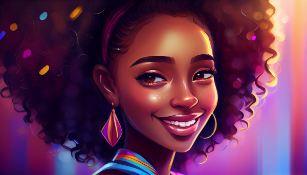 ai art,ženy,tmavá kůže,ilustrace,Afro,usmívající se