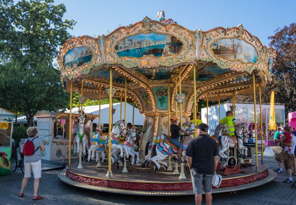 mensen, park, carrousel, eerlijk, festival, vrije tijd