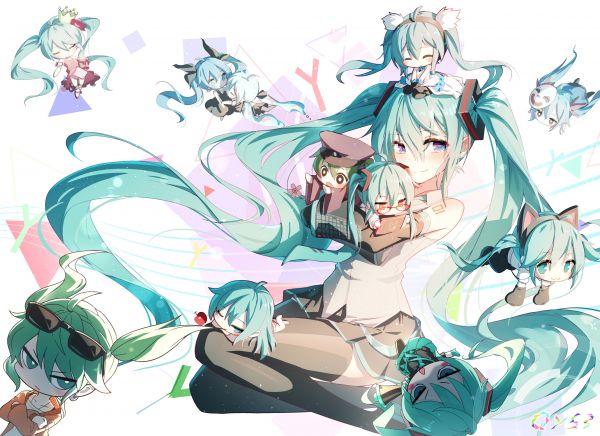 Hatsune Miku,ผมยาว,twintails,อาย,chibi,cyan hair