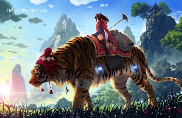 tiger,Anime piger,natur,bjerge,kinesisk arkitektur,våben