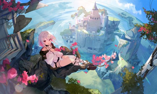 anime girls,water,clouds,Fantasy Architecture,looking at viewer,flowers