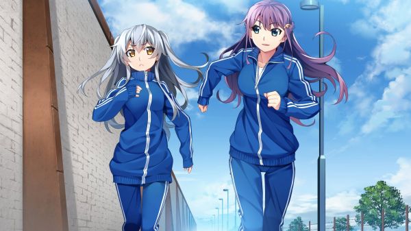 ropa de deporte, ejercicio, Chicas anime, Anime, cielo, corriendo