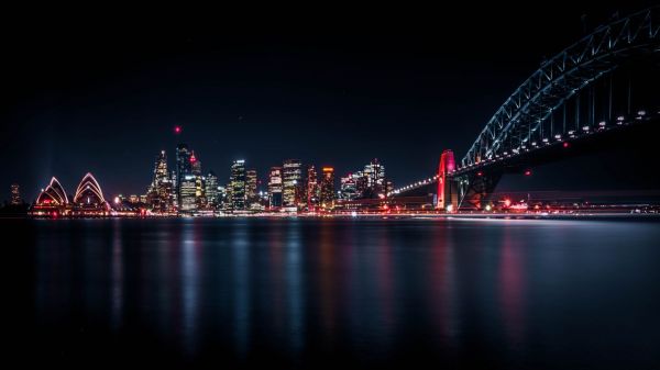 lake,sky,lights,city,bridge,water