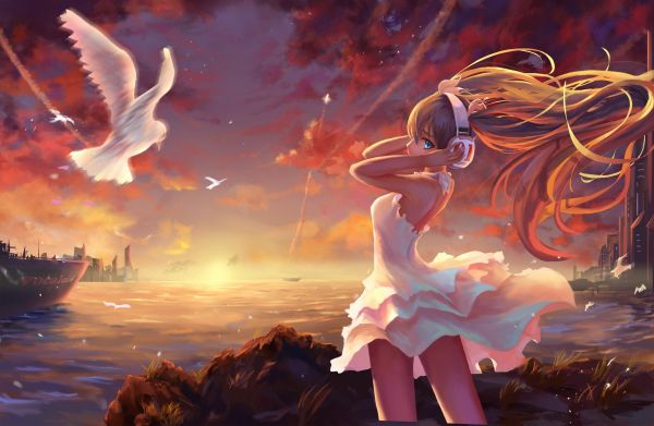 birds, landscape, painting, illustration, blonde, sea