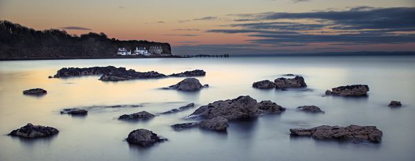 landschap, zonsondergang, zee, baai, water, rots