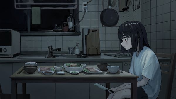 gadis anime,makanan,muram,berpikir,dapur