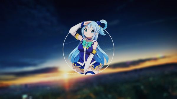 Anime,Dziewcząt anime,Aqua KonoSuba,niebieskie włosy,1920x1080 pikseli,Miasto