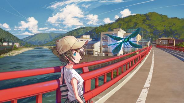 Filles anime,pont,Libellules