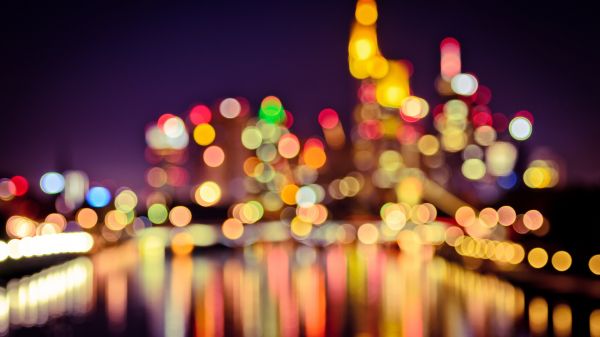 lights, colorful, night, cityscape, water, building