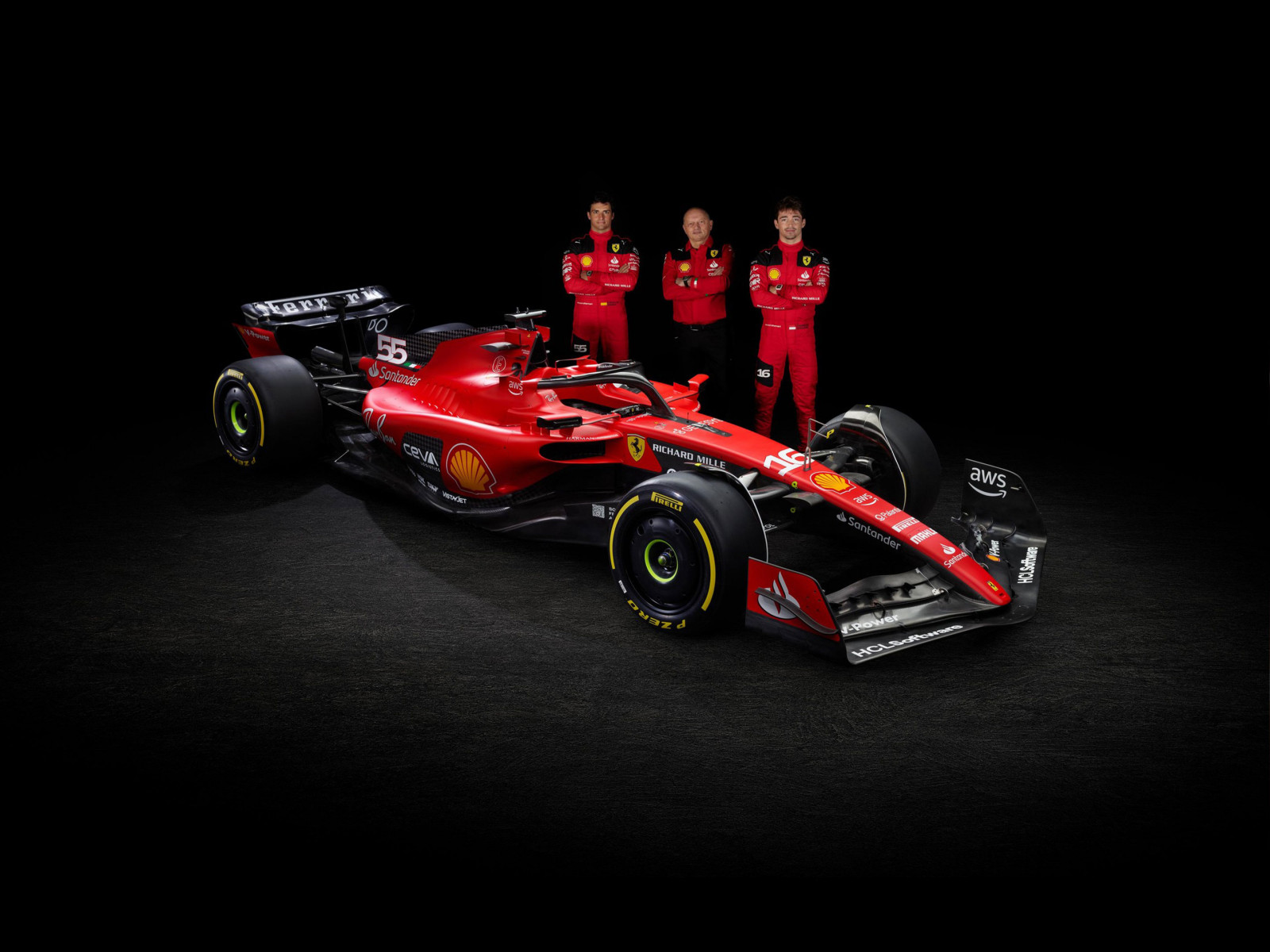 Fórmula 1, formula cars, Ferrari, Ferrari F1, Ferrari fórmula 1, Ferrari SF23, Charles Leclerc, Carlos SAINZ Jr, Fr d ric Vasseur, vehículo, coche, Deporte de motor, Fondo oscuro, Coches rojos, Maranello