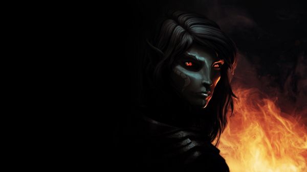 fantasy art,elves,dark,fire,red eyes,The Elder Scrolls V Skyrim