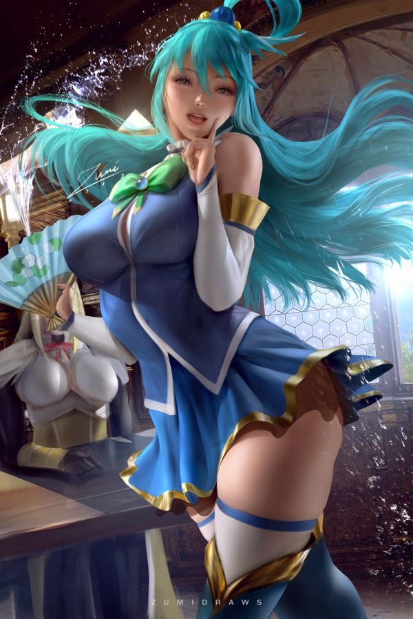 ผมยาว, Aqua KonoSuba, Kono Subarashii Sekai พรรณี Shukufuku wo, สาวแฟนตาซี, ผมสีฟ้า, cyan hair