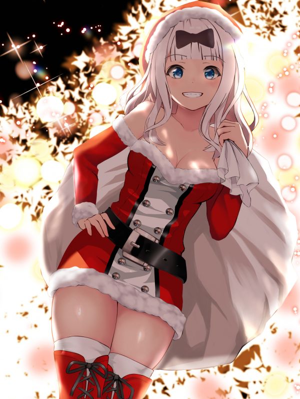 Santa kostým,anime dívky,bílé vlasy,Kaguya Sama Love is War,Chika Fujiwara,Gibun