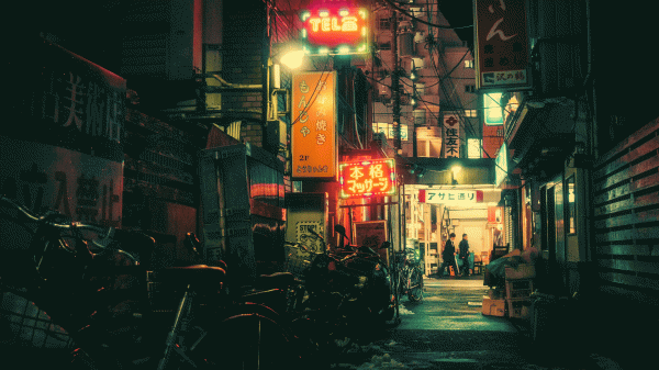 Tokyo,natt,fotografering,sykkel,backstreet,neon skilt