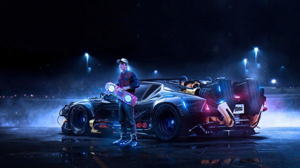 movie art,Back to the Future,car,dark background,dark,night