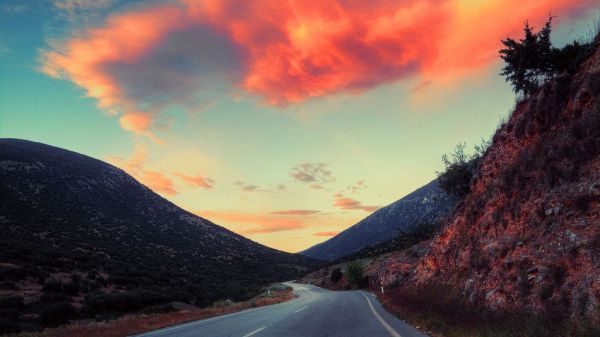 Manzara,gün batımı,doğa,gökyüzü,Tepe,yol