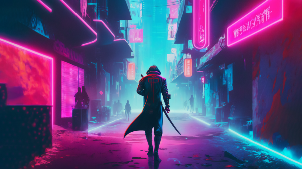 ai art,Hẻm,Cyberpunk,Thành phố,Neon,sát thủ