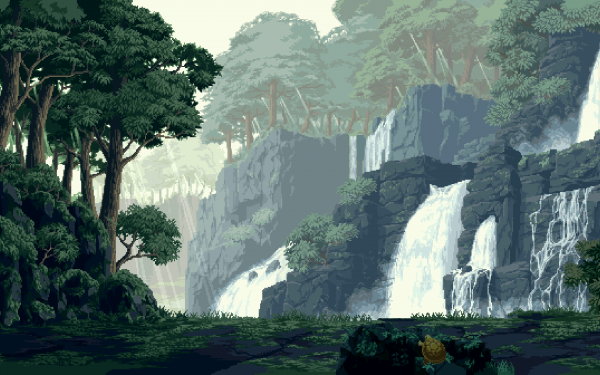 artwork, digitale kunst, waterval, bomen, pixel art, schildpad