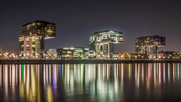 city, cityscape, night, architecture, water, lights