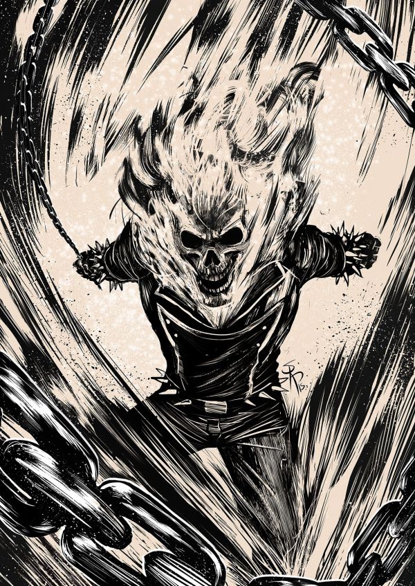 drawing,illustration,Ghost Rider,monochrome,Johnny Blaze,sketch