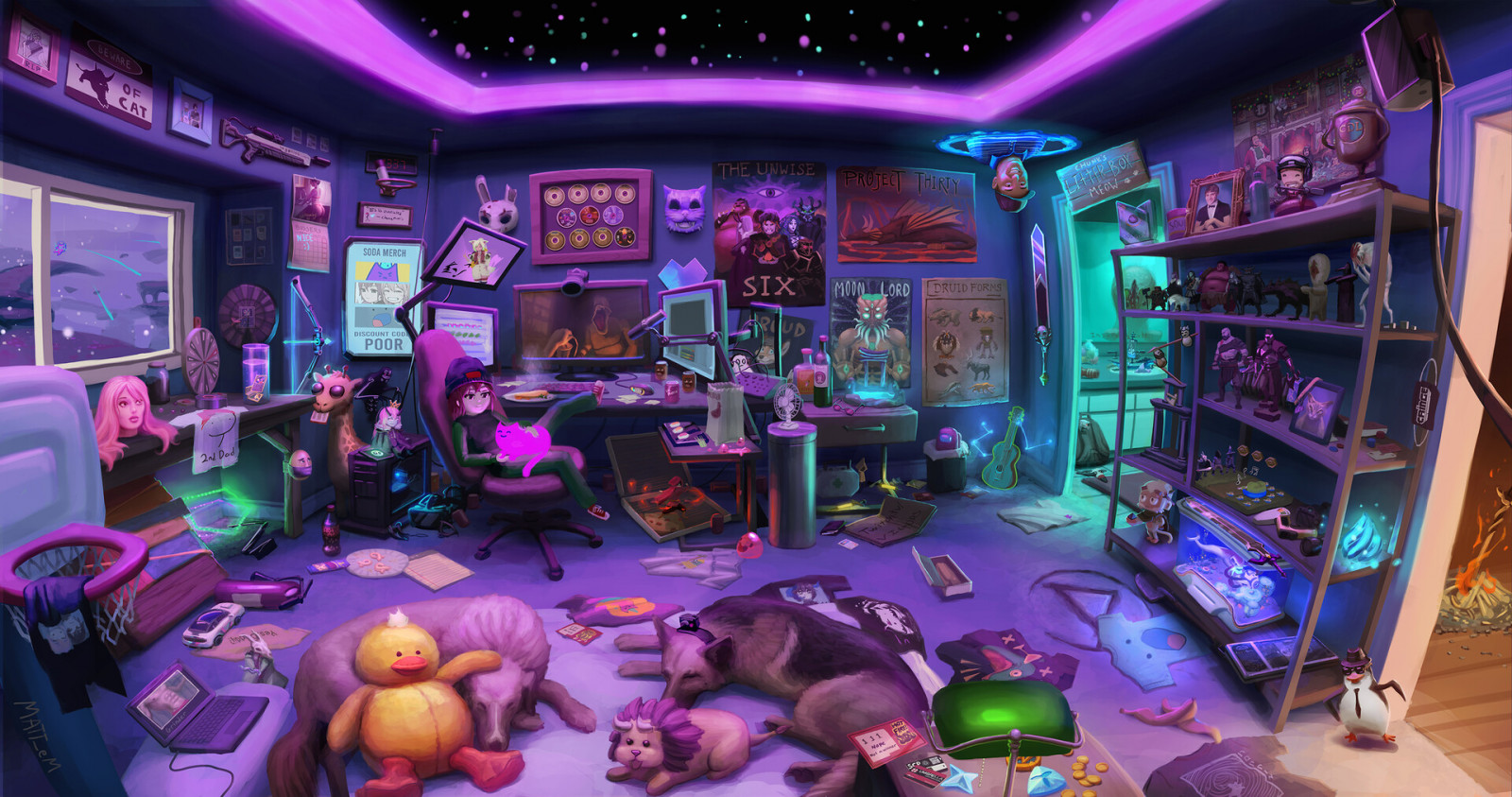 room, dog, toys, futuristic, portal, ceiling, space, figures, cats, messy, women, anime girls, Gamer, stuffed animal, computer, dual monitors, pizza, mask, poster, neon, purple background, purple light, purple, gaming chair, streaming