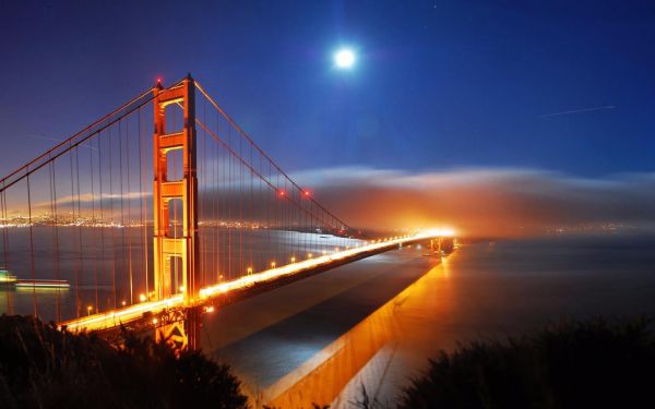 ponte, céu, nuvens, Lua, Luzes, noite